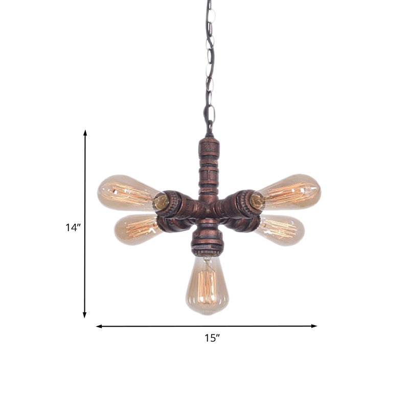 Roberta - Antiqued 5 - Bulb Metal Ceiling Chandelier Copper Finish Sputnik Pipe Living Room