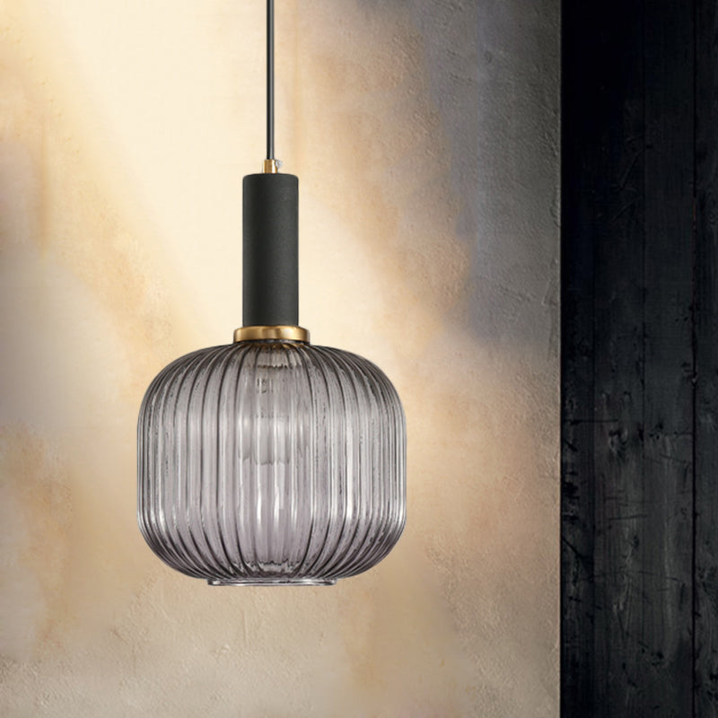 Chloe - Modernist 1 Light Grey/Green/Amber Ribbed Glass Ceiling Pendant Lamp Black / Gray Cylinder