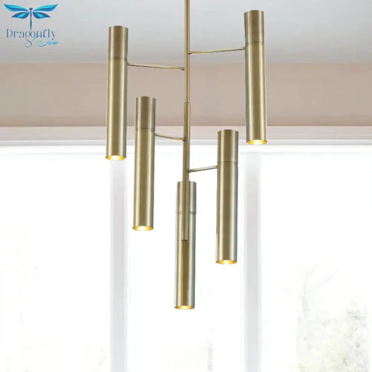 6/10 Heads Hallway Chandelier Lighting With Cylinder Metal Shade Modern Gold Hanging Lamp