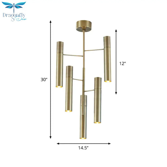 6/10 Heads Hallway Chandelier Lighting With Cylinder Metal Shade Modern Gold Hanging Lamp