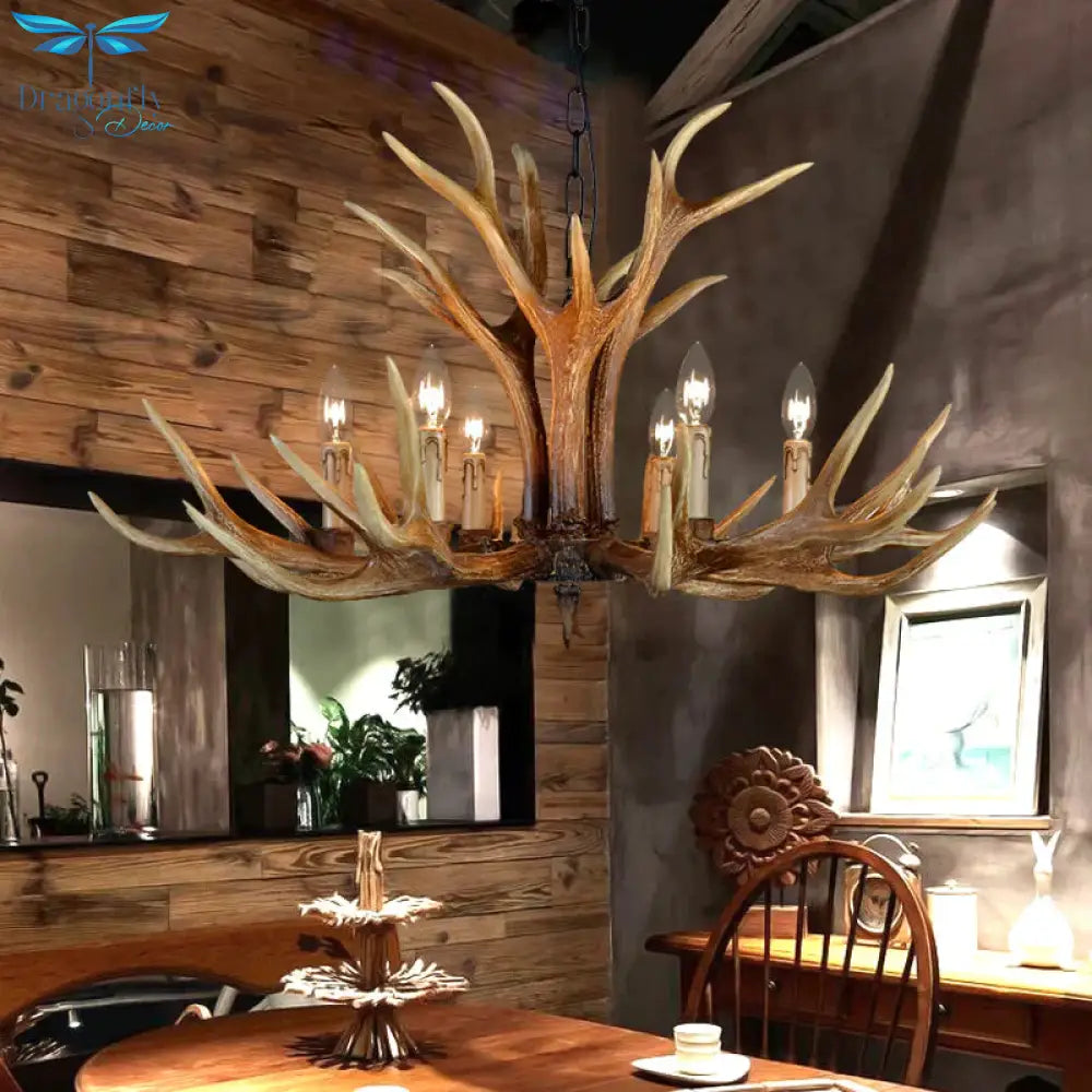 6/8/10 Lights Resin Chandelier Lamp Farmhouse Brown Deer Antler Kitchen Down Lighting Pendant