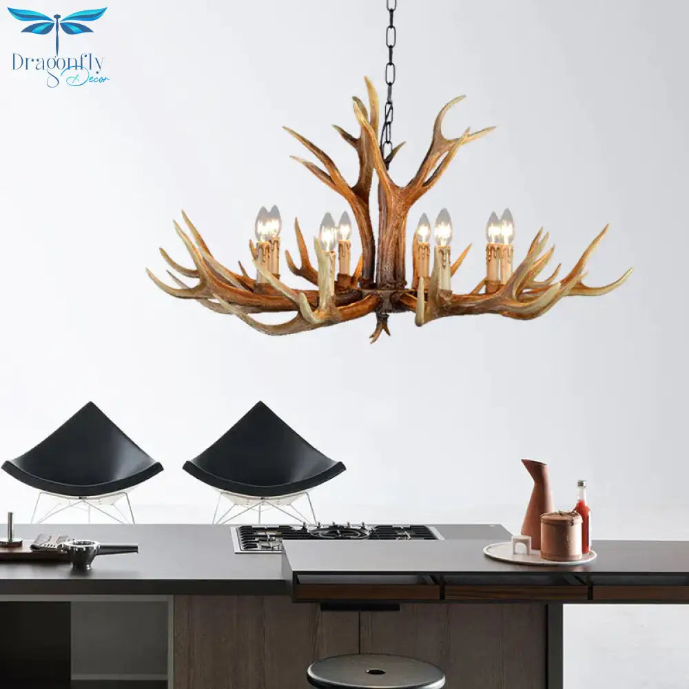 6/8/10 Lights Resin Chandelier Lamp Farmhouse Brown Deer Antler Kitchen Down Lighting Pendant