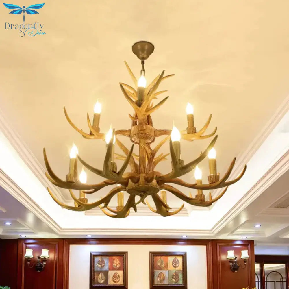 6/8/12 Bulbs Chandelier Lodge 1/2 - Layered Antler Resin Ceiling Suspension Lamp In Brown