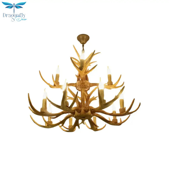 6/8/12 Bulbs Chandelier Lodge 1/2 - Layered Antler Resin Ceiling Suspension Lamp In Brown