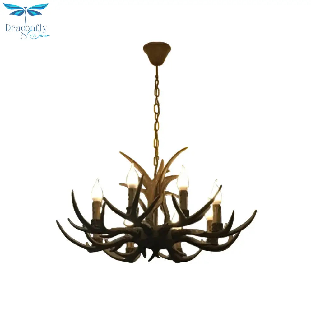 6/8/12 Bulbs Chandelier Lodge 1/2 - Layered Antler Resin Ceiling Suspension Lamp In Brown