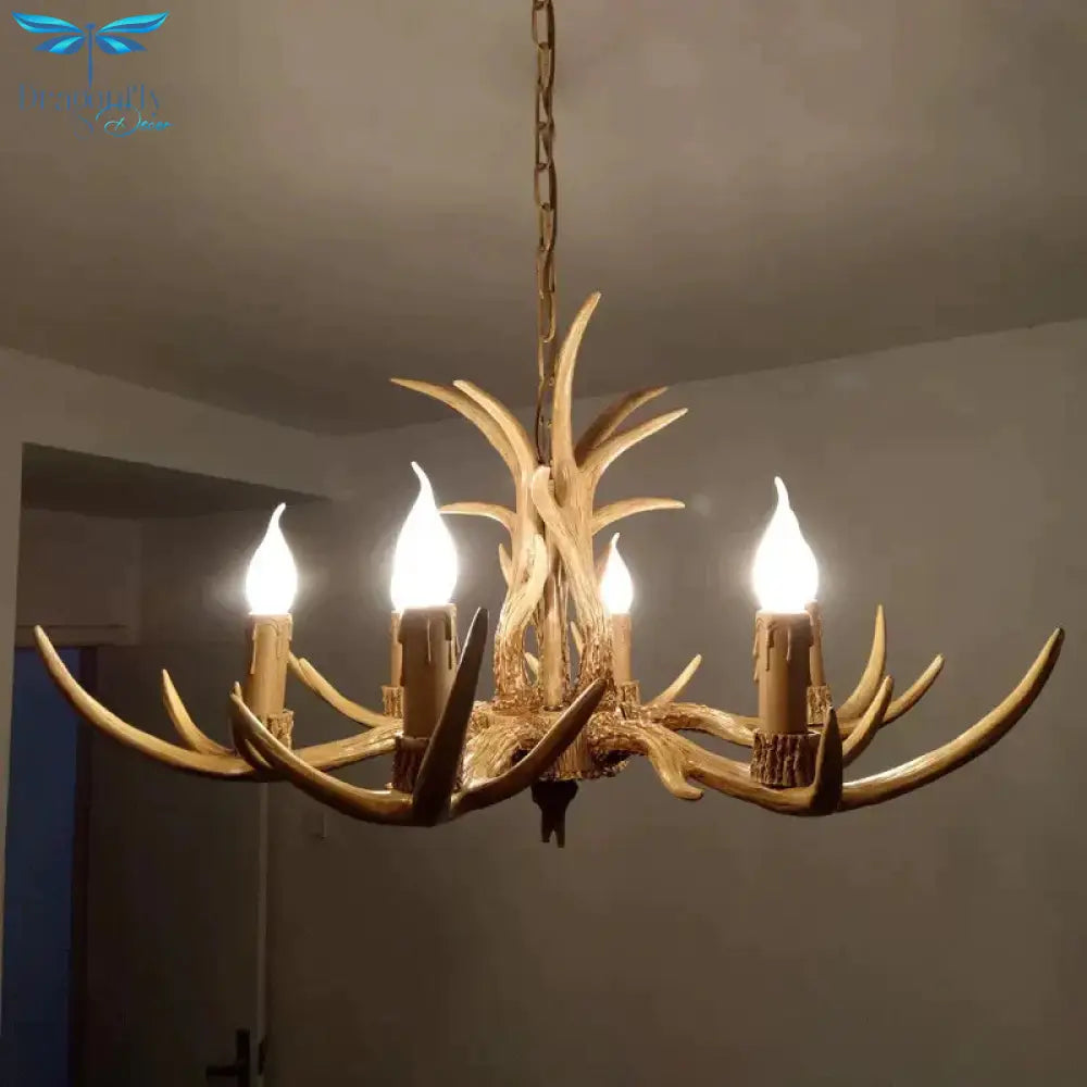 6/8/12 Bulbs Chandelier Lodge 1/2 - Layered Antler Resin Ceiling Suspension Lamp In Brown