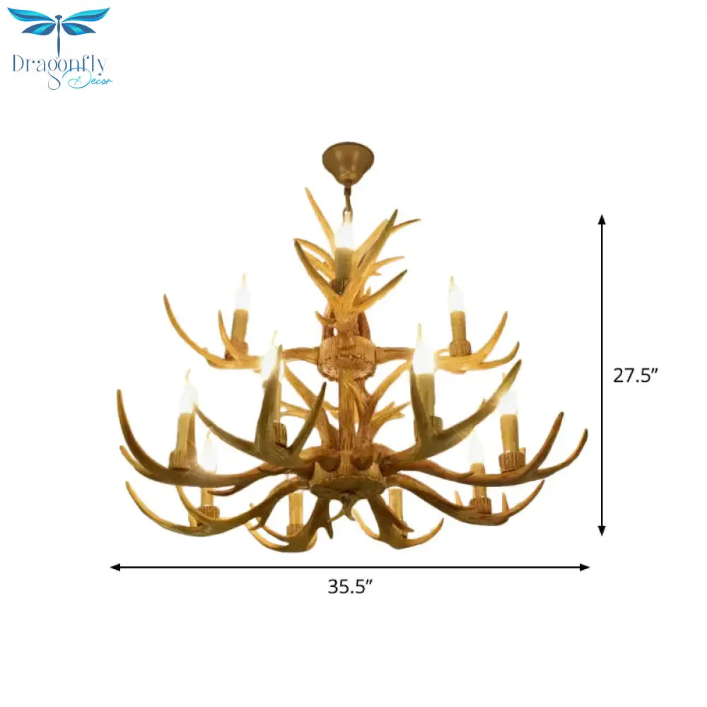 6/8/12 Bulbs Chandelier Lodge 1/2 - Layered Antler Resin Ceiling Suspension Lamp In Brown