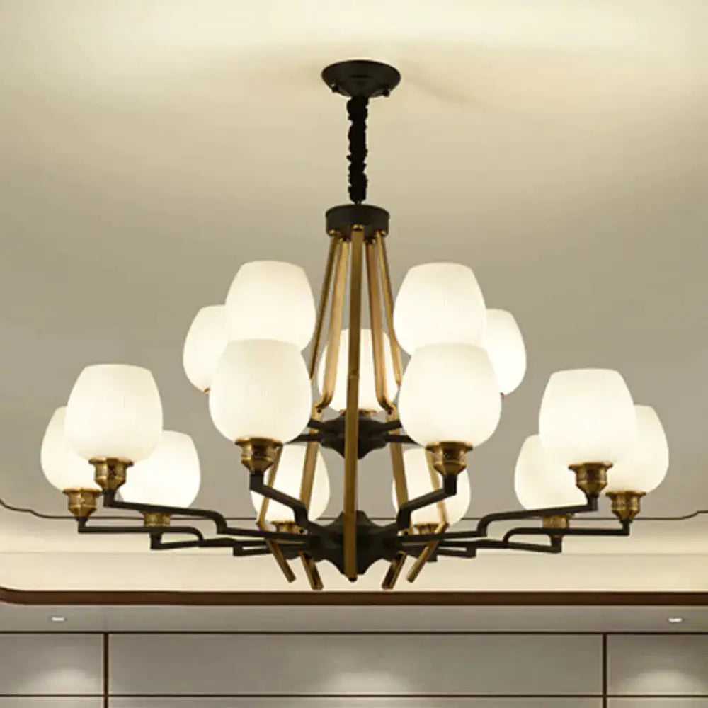 6/8/15 Lights Frosted Glass Pendant Chandelier Traditional Brass Cup Living Room Hanging Ceiling