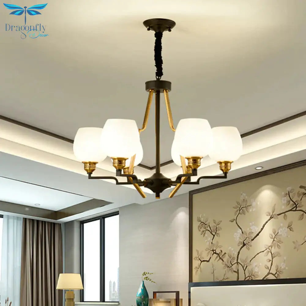 6/8/15 Lights Frosted Glass Pendant Chandelier Traditional Brass Cup Living Room Hanging Ceiling
