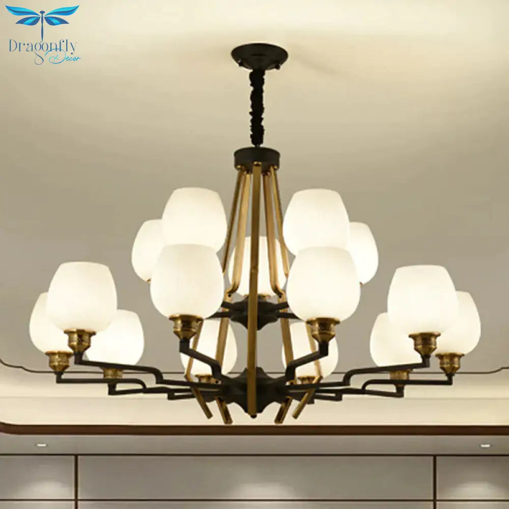 6/8/15 Lights Frosted Glass Pendant Chandelier Traditional Brass Cup Living Room Hanging Ceiling