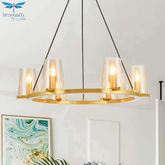 6/8 - Bulb Cone Hanging Chandelier Colonialist Gold Clear Glass Pendant Lighting With Round Design