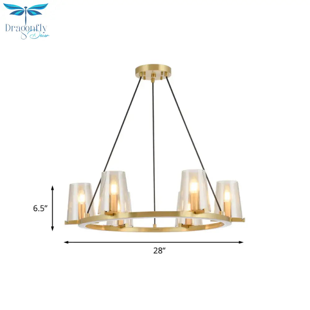 6/8 - Bulb Cone Hanging Chandelier Colonialist Gold Clear Glass Pendant Lighting With Round Design