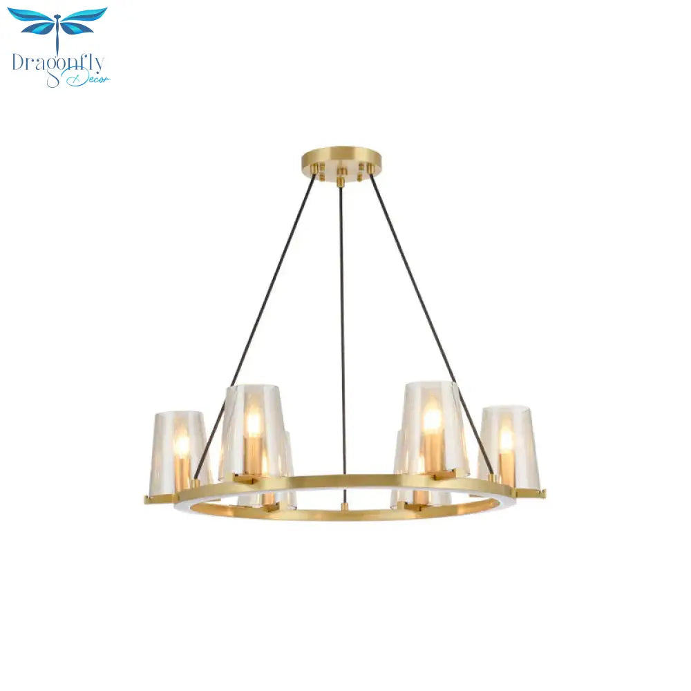 6/8 - Bulb Cone Hanging Chandelier Colonialist Gold Clear Glass Pendant Lighting With Round Design