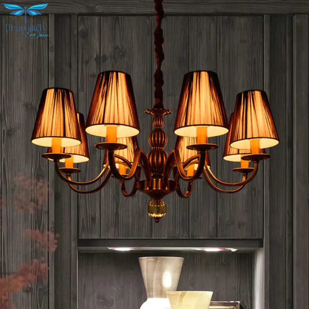 6/8 - Bulb Conical Chandelier Lighting Fixture Traditional Gold Fabric Pendant Lamp With Clear