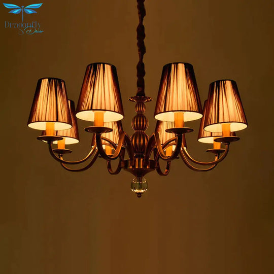 6/8 - Bulb Conical Chandelier Lighting Fixture Traditional Gold Fabric Pendant Lamp With Clear