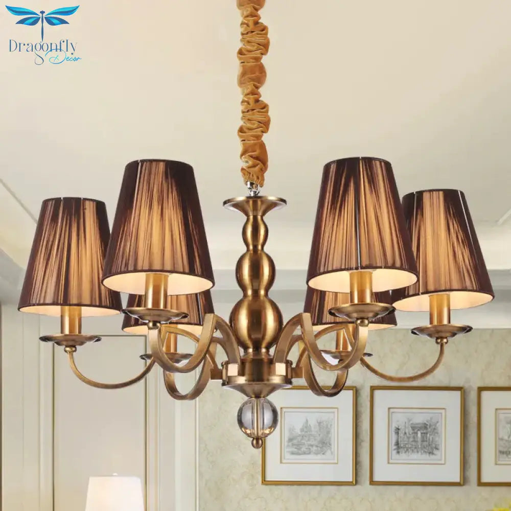 6/8 - Bulb Conical Chandelier Lighting Fixture Traditional Gold Fabric Pendant Lamp With Clear