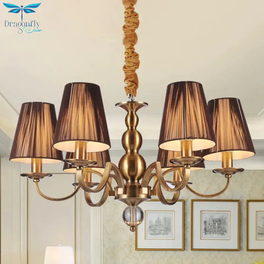 6/8 - Bulb Conical Chandelier Lighting Fixture Traditional Gold Fabric Pendant Lamp With Clear