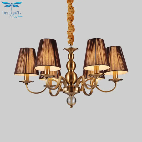 6/8 - Bulb Conical Chandelier Lighting Fixture Traditional Gold Fabric Pendant Lamp With Clear