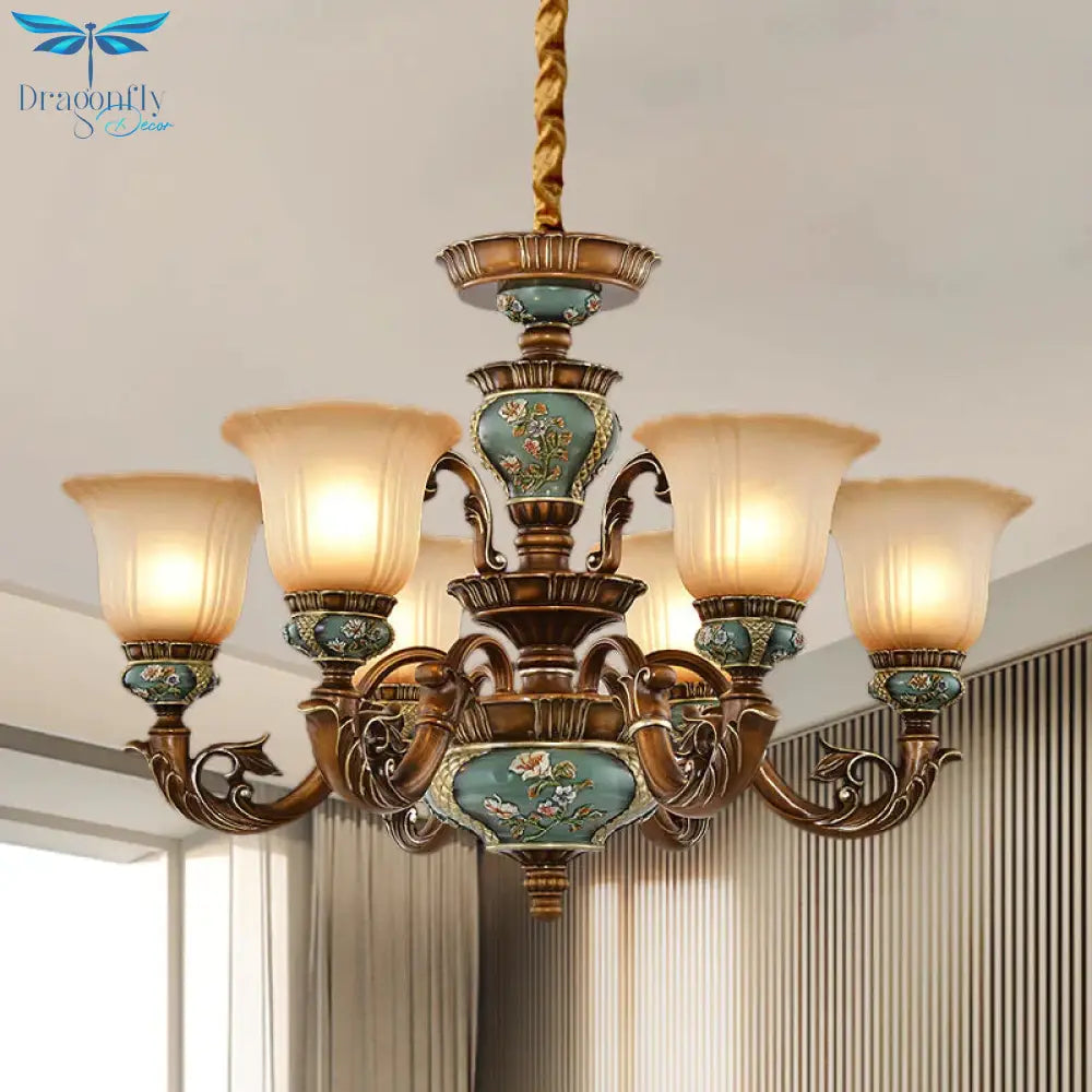 6/8 - Bulb Suspension Pendant Light Antique Style Blossom Shaped Opal Glass Chandelier Fixture In