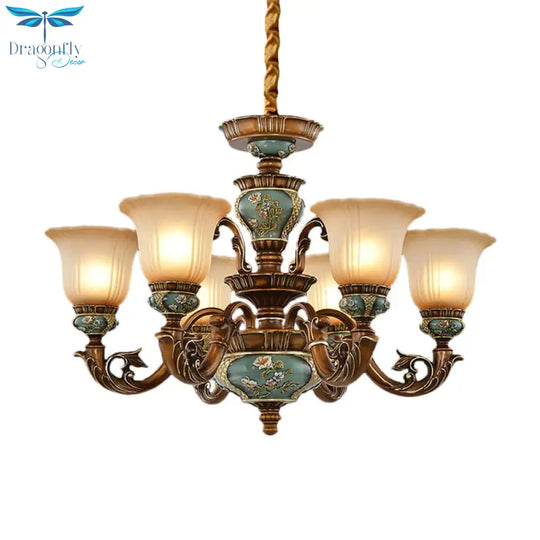 6/8 - Bulb Suspension Pendant Light Antique Style Blossom Shaped Opal Glass Chandelier Fixture In