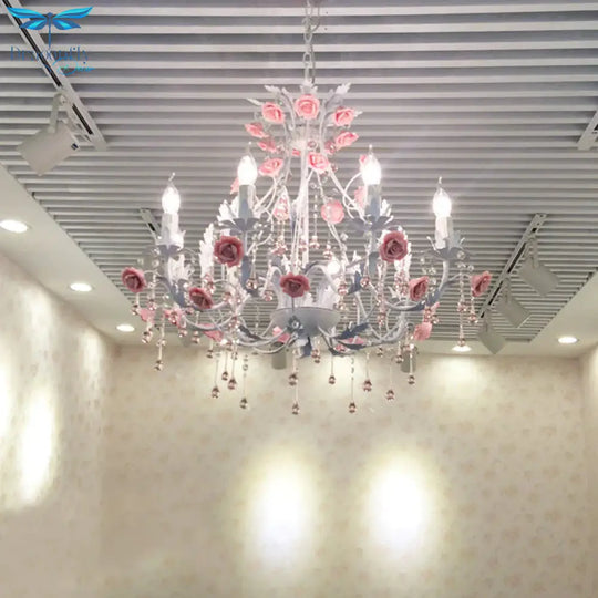 6/8 Bulbs Candle Hanging Chandelier Traditionalist White Crystal Ceiling Suspension Lamp For Bedroom