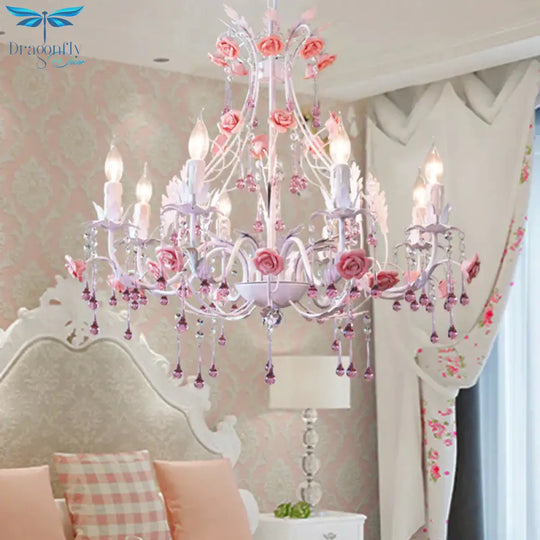 6/8 Bulbs Candle Hanging Chandelier Traditionalist White Crystal Ceiling Suspension Lamp For Bedroom