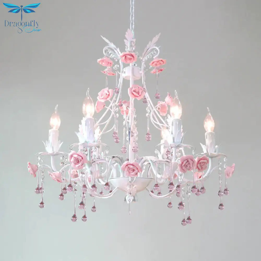 6/8 Bulbs Candle Hanging Chandelier Traditionalist White Crystal Ceiling Suspension Lamp For Bedroom