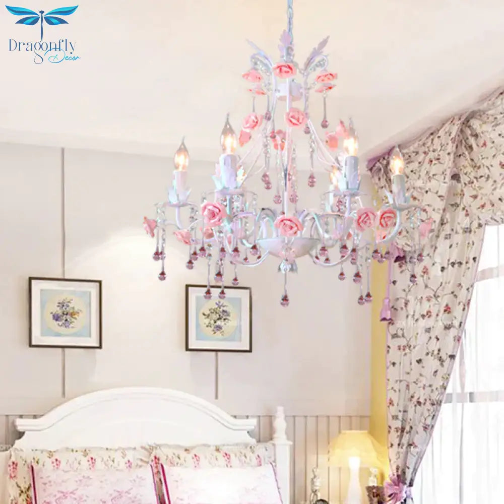 6/8 Bulbs Candle Hanging Chandelier Traditionalist White Crystal Ceiling Suspension Lamp For Bedroom