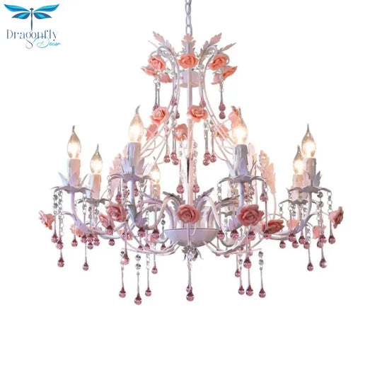 6/8 Bulbs Candle Hanging Chandelier Traditionalist White Crystal Ceiling Suspension Lamp For Bedroom