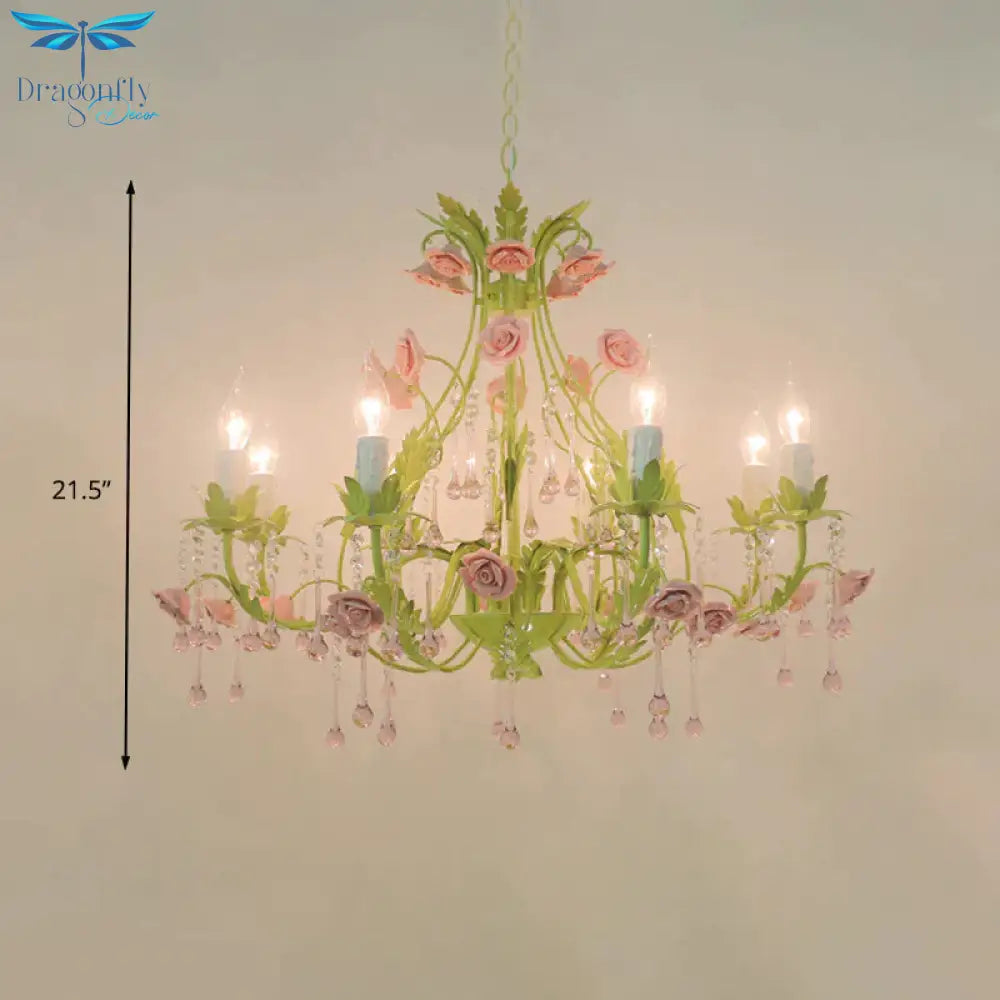 6/8 Bulbs Candle Pendant Lamp Traditionalism Green Crystal Chandelier Light Fixture For Bedroom