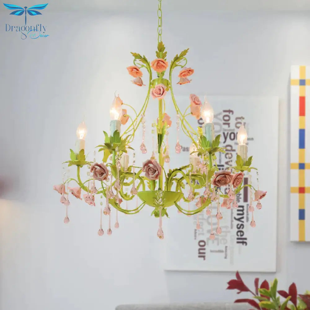 6/8 Bulbs Candle Pendant Lamp Traditionalism Green Crystal Chandelier Light Fixture For Bedroom