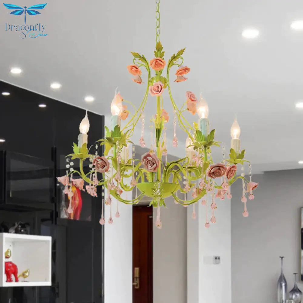 6/8 Bulbs Candle Pendant Lamp Traditionalism Green Crystal Chandelier Light Fixture For Bedroom