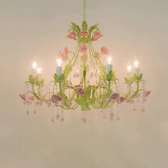 6/8 Bulbs Candle Pendant Lamp Traditionalism Green Crystal Chandelier Light Fixture For Bedroom 8 /