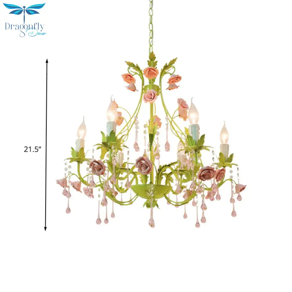 6/8 Bulbs Candle Pendant Lamp Traditionalism Green Crystal Chandelier Light Fixture For Bedroom