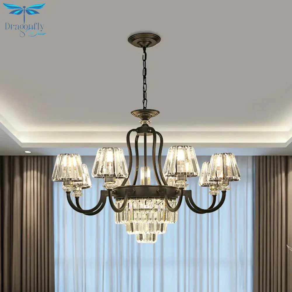 6/8 Bulbs Ceiling Lamp Traditional Tapered Crystal Chandelier Hanging Light Fixture In Black