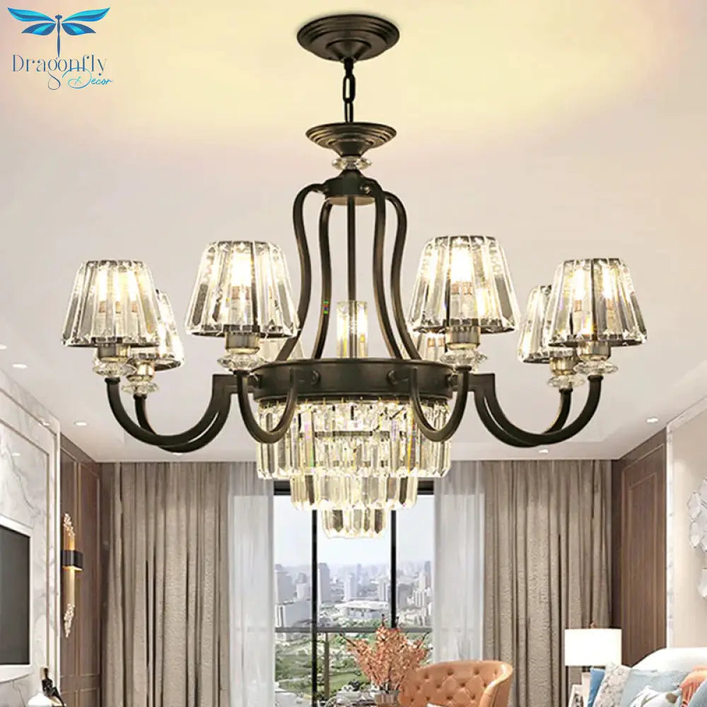 6/8 Bulbs Ceiling Lamp Traditional Tapered Crystal Chandelier Hanging Light Fixture In Black