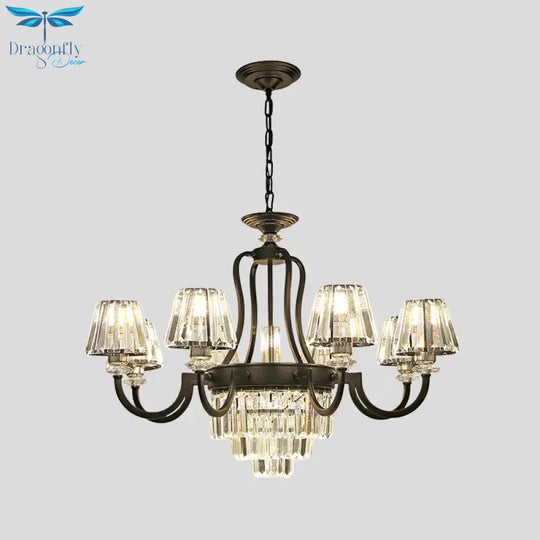 6/8 Bulbs Ceiling Lamp Traditional Tapered Crystal Chandelier Hanging Light Fixture In Black