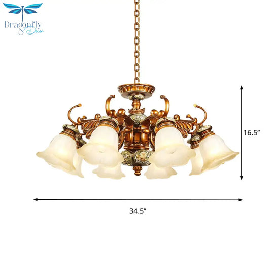 6/8 Bulbs Hanging Chandelier With Floral Shade Milky Glass Vintage Style Guest Room Ceiling Hang