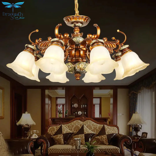 6/8 Bulbs Hanging Chandelier With Floral Shade Milky Glass Vintage Style Guest Room Ceiling Hang