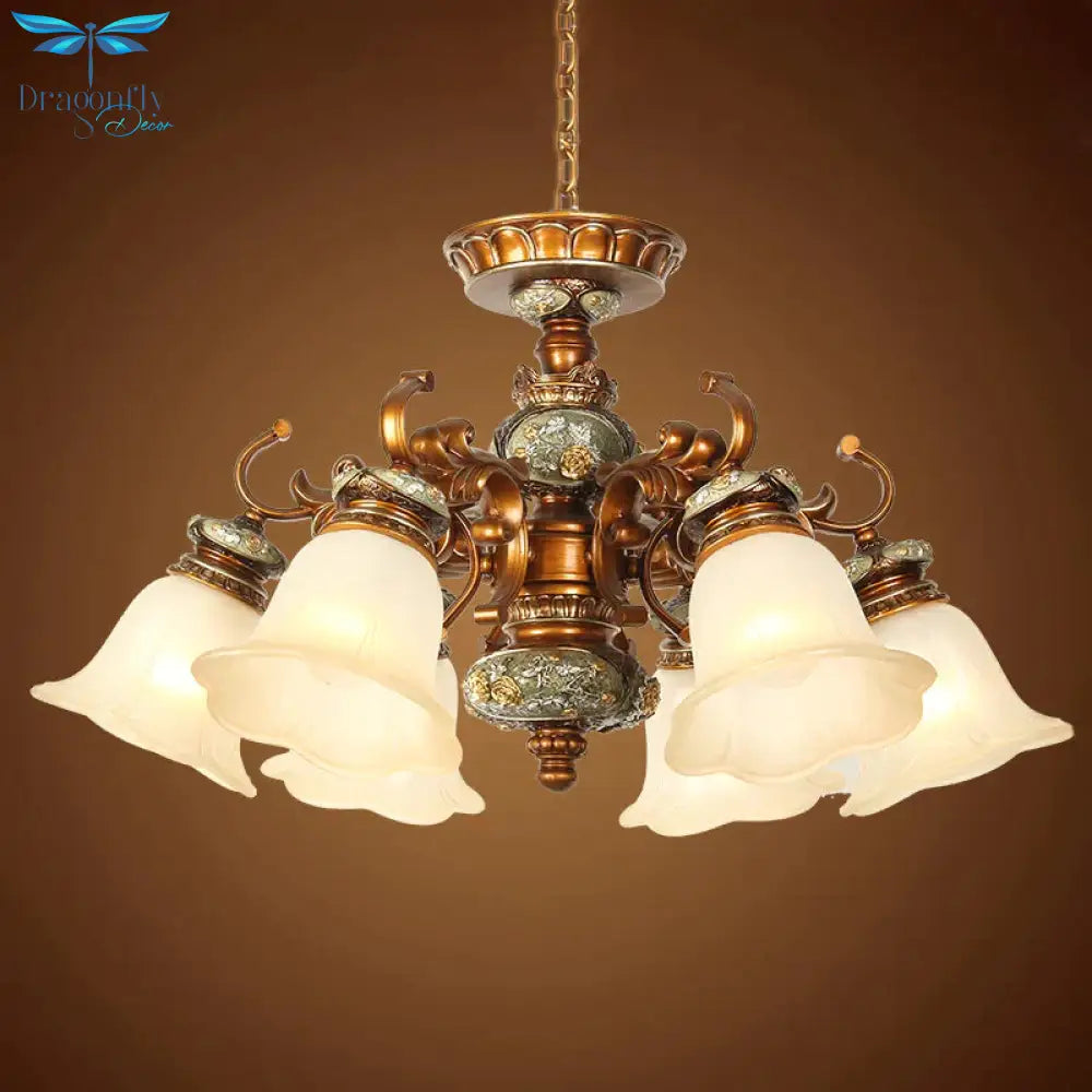 6/8 Bulbs Hanging Chandelier With Floral Shade Milky Glass Vintage Style Guest Room Ceiling Hang