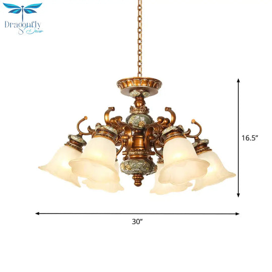 6/8 Bulbs Hanging Chandelier With Floral Shade Milky Glass Vintage Style Guest Room Ceiling Hang