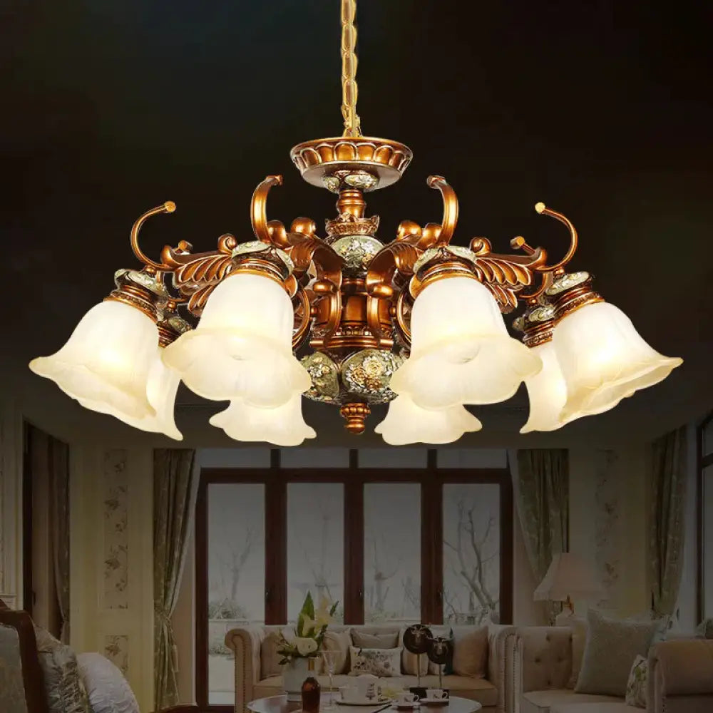 6/8 Bulbs Hanging Chandelier With Floral Shade Milky Glass Vintage Style Guest Room Ceiling Hang