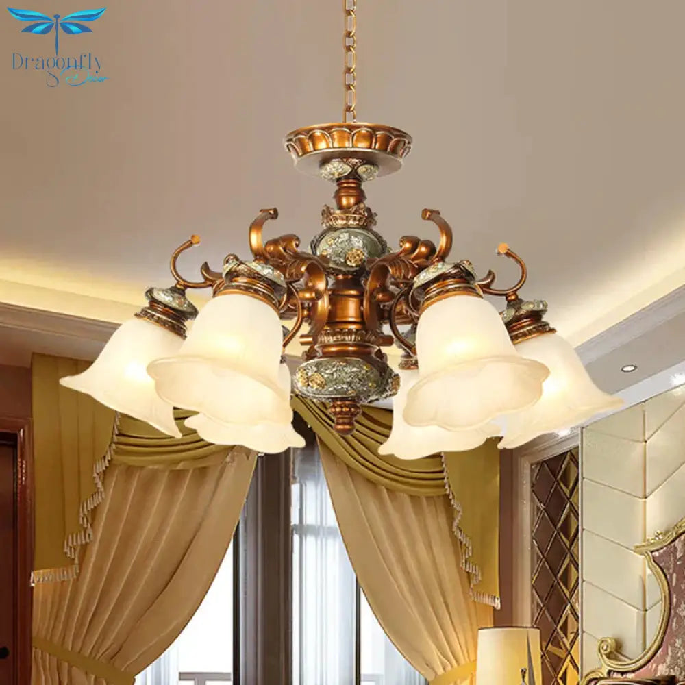 6/8 Bulbs Hanging Chandelier With Floral Shade Milky Glass Vintage Style Guest Room Ceiling Hang