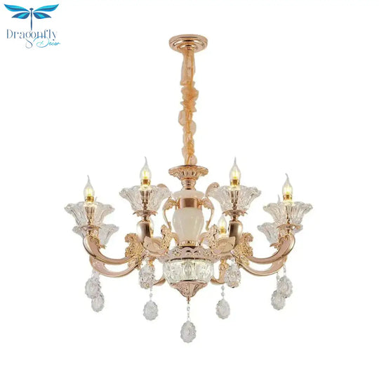 6/8 Bulbs Suspension Lighting Traditional Flower Clear Crystal Shade Chandelier With Curvy Arm In