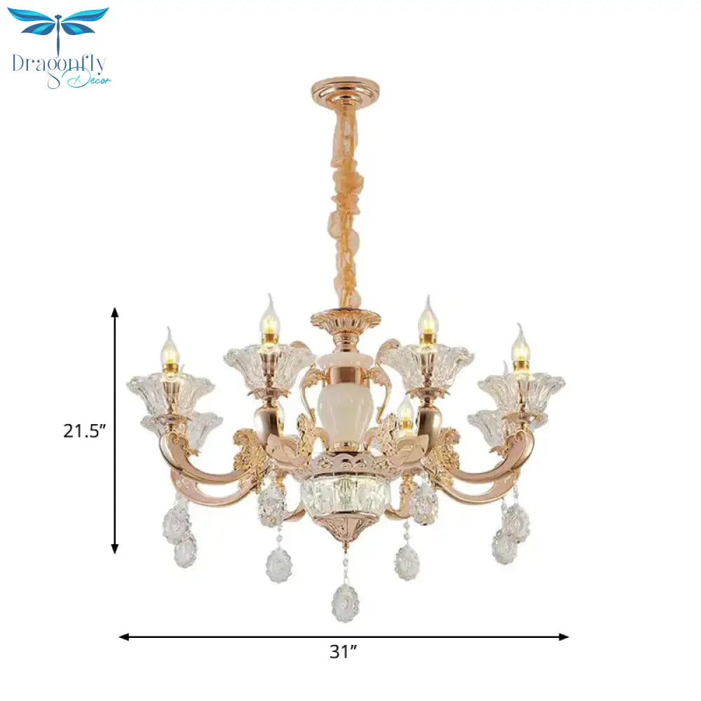 6/8 Bulbs Suspension Lighting Traditional Flower Clear Crystal Shade Chandelier With Curvy Arm In