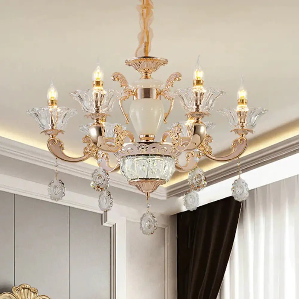 6/8 Bulbs Suspension Lighting Traditional Flower Clear Crystal Shade Chandelier With Curvy Arm In