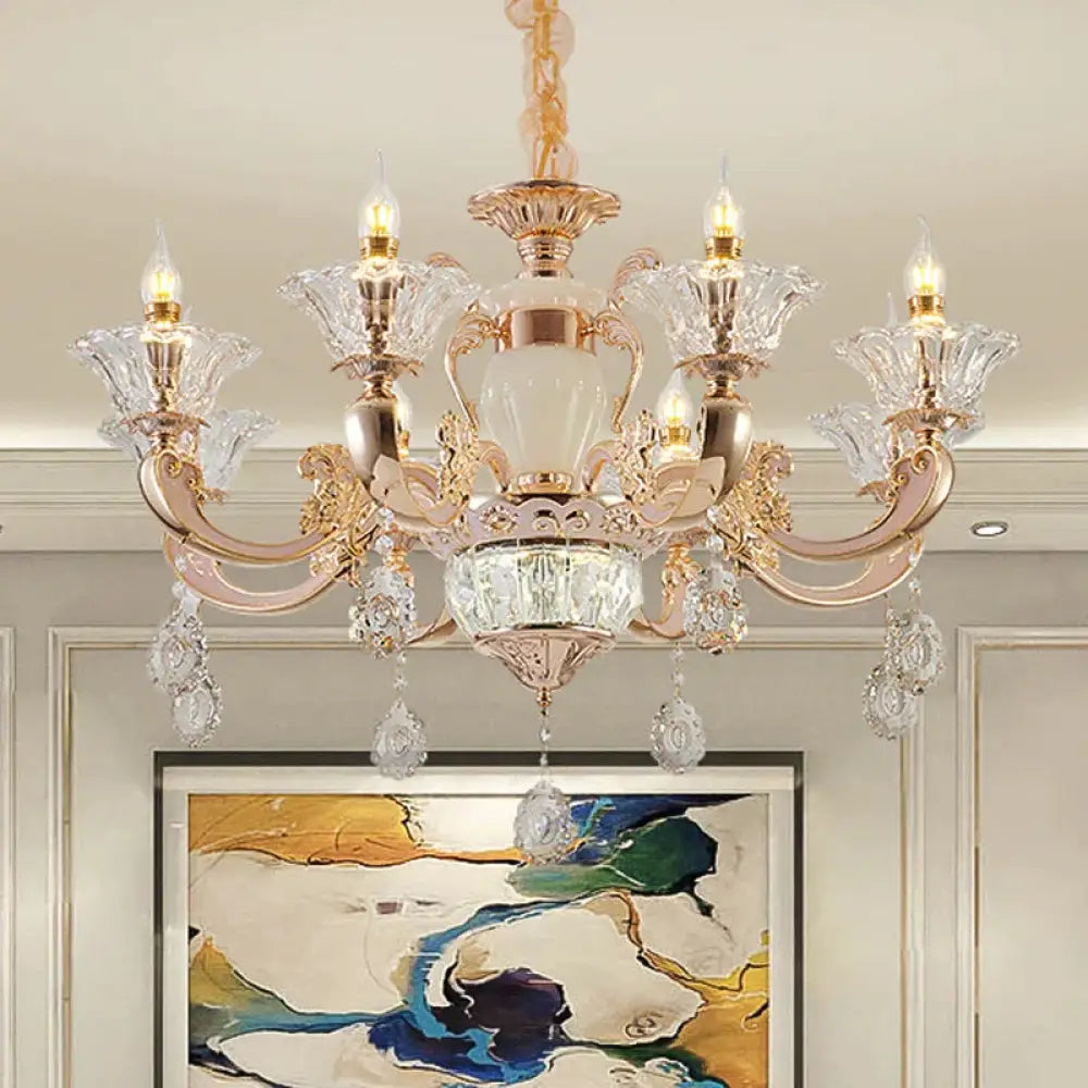 6/8 Bulbs Suspension Lighting Traditional Flower Clear Crystal Shade Chandelier With Curvy Arm In