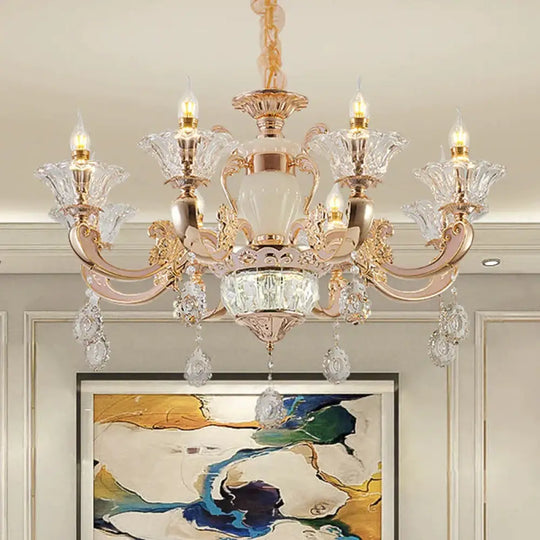 6/8 Bulbs Suspension Lighting Traditional Flower Clear Crystal Shade Chandelier With Curvy Arm In