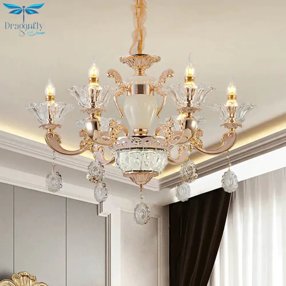 6/8 Bulbs Suspension Lighting Traditional Flower Clear Crystal Shade Chandelier With Curvy Arm In
