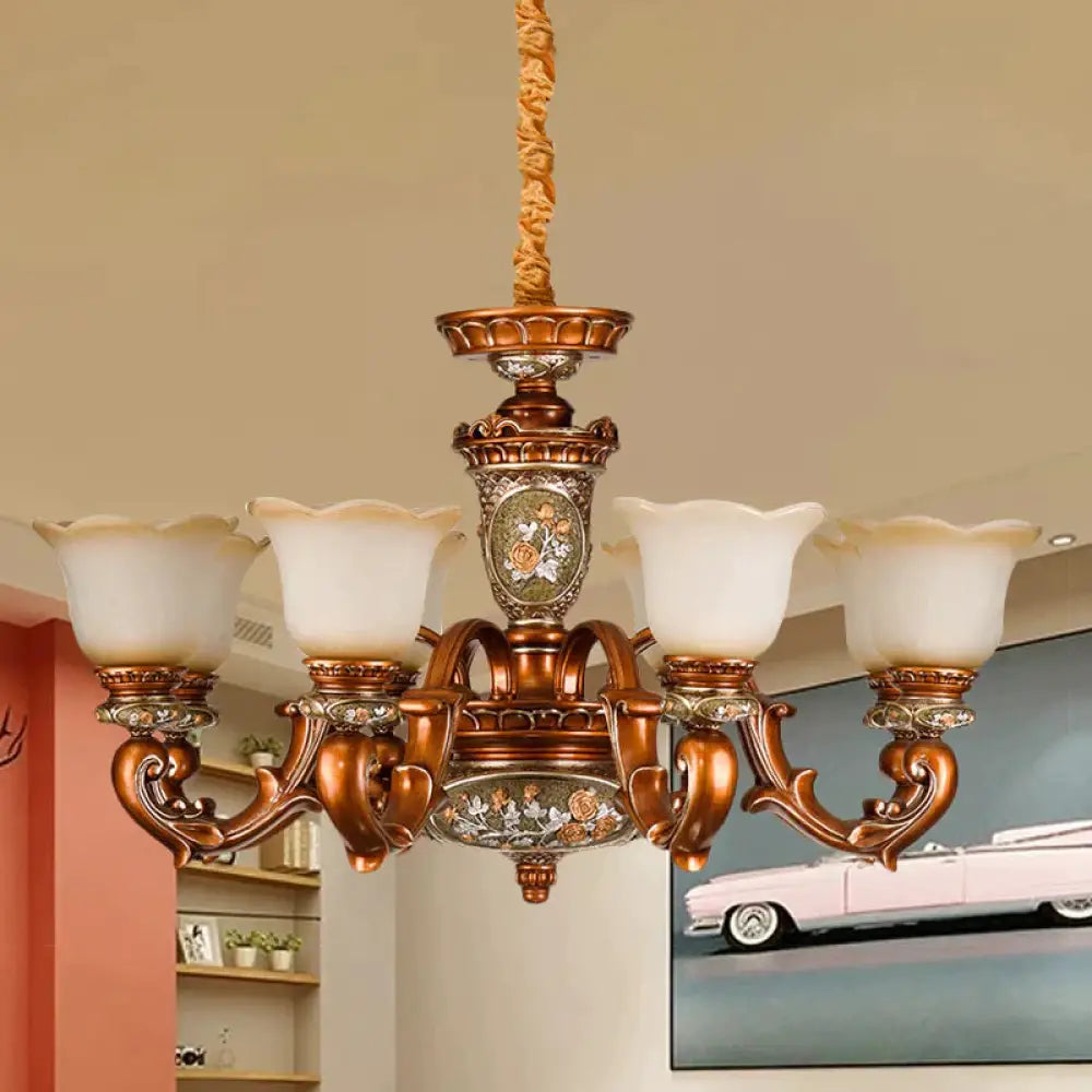 6/8 - Head Cream Glass Chandelier Lighting Vintage Brown Floral Shaped Dining Room Ceiling Pendant